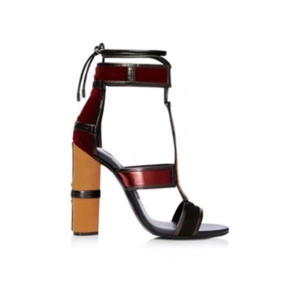 Tom Ford Colorful paneled block round Heeled Velvet open toe sandal tie up heels